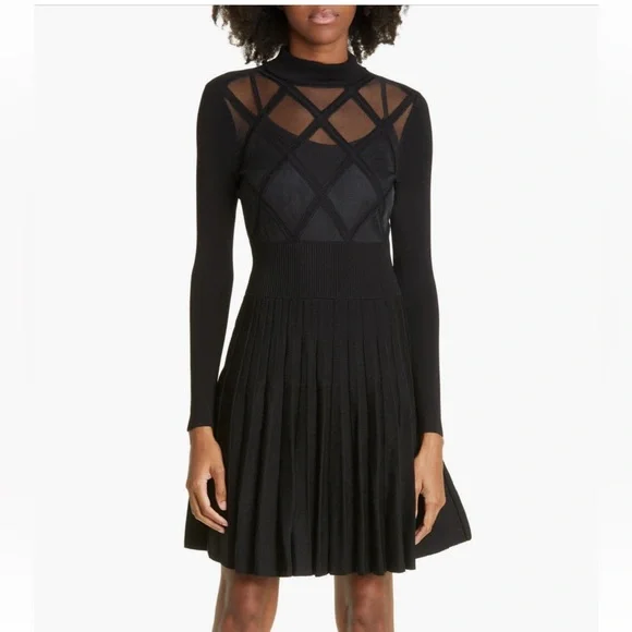 Ted Baker Women Black Sheer Argyle Skater Dress Long Sleeve Size 16-18